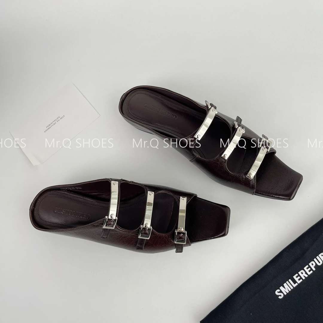 34-40码/跟高1cm/黑棕/夏季新款金属皮带扣翘嘴凉拖鞋