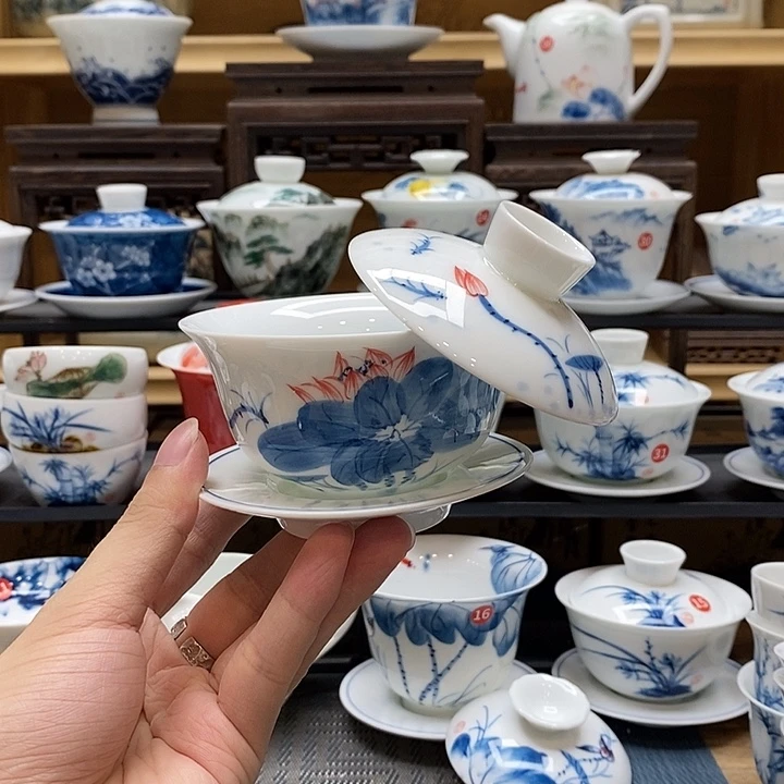 手绘荷花悬停盖碗高温瓷釉下彩微瑕福利款