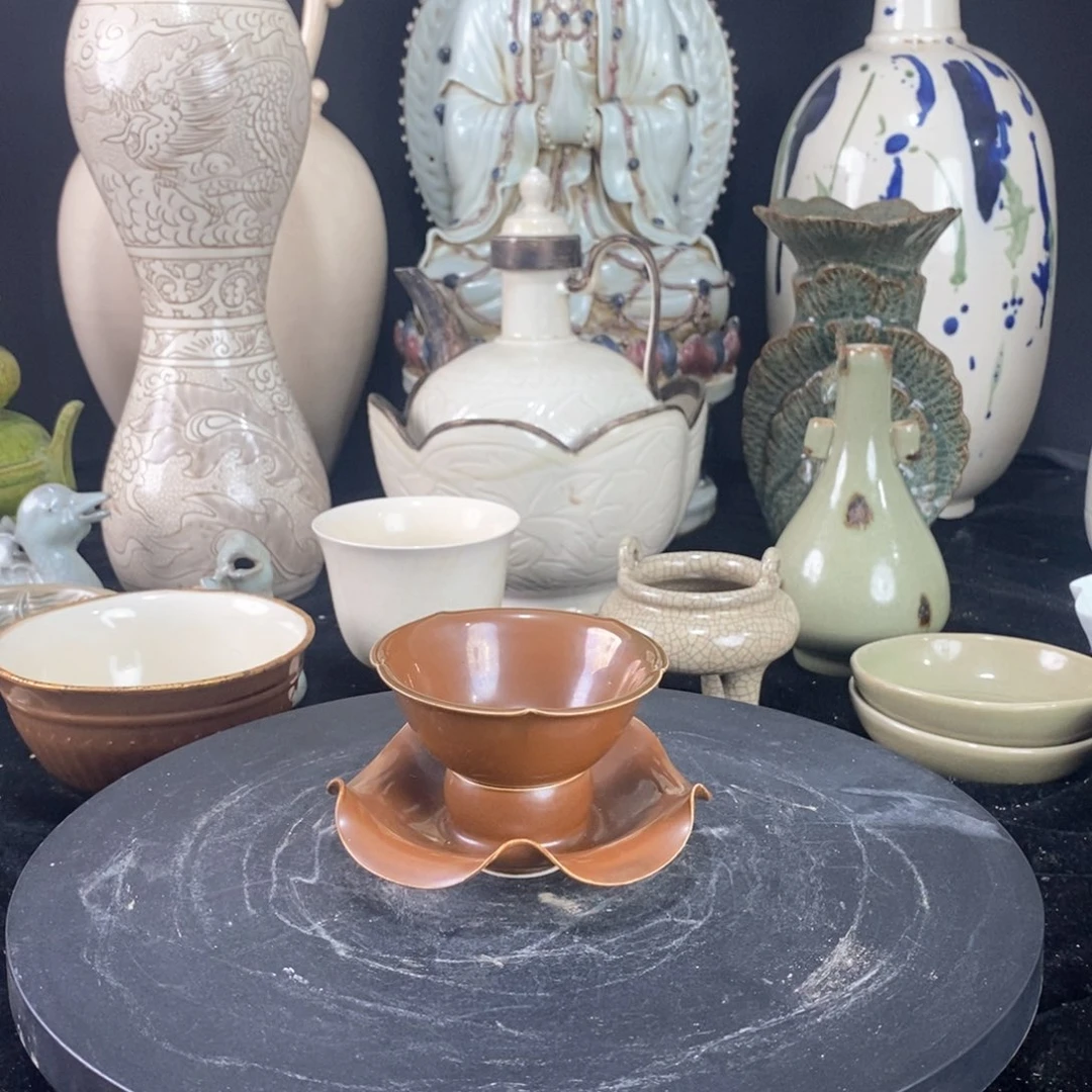 摆件定窑紫金釉托盏