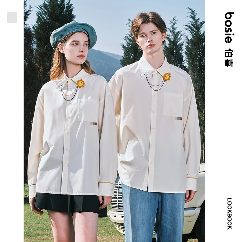 bosie2025年秋季新款太阳云朵可拆卸挂件长袖衬衫男情侣百搭休闲