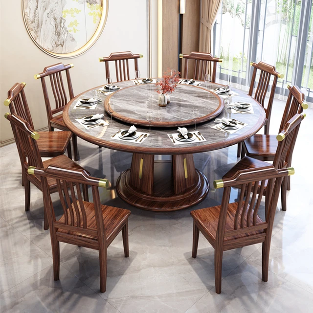 乌金木岩板餐桌椅组合新中式轻奢实木圆桌10人12人带转盘家用饭桌