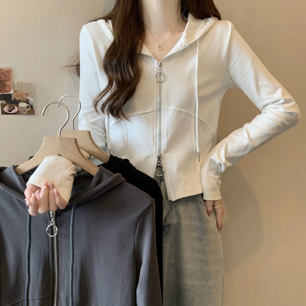 实拍大码~双拉链连帽正肩长袖T恤2025年春装新款胖妹妹遮肚上衣