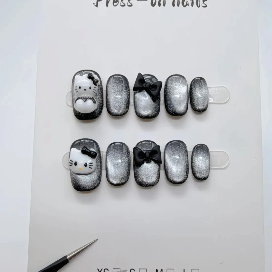 黑Hello Kitty通猫眼短款穿戴甲 温柔显白高级气质夏日网红美甲
