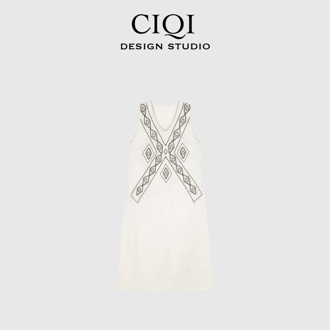 CIQI STUDIO【理想主义】夏季高级印花无袖气质宽松设计感V领连衣裙