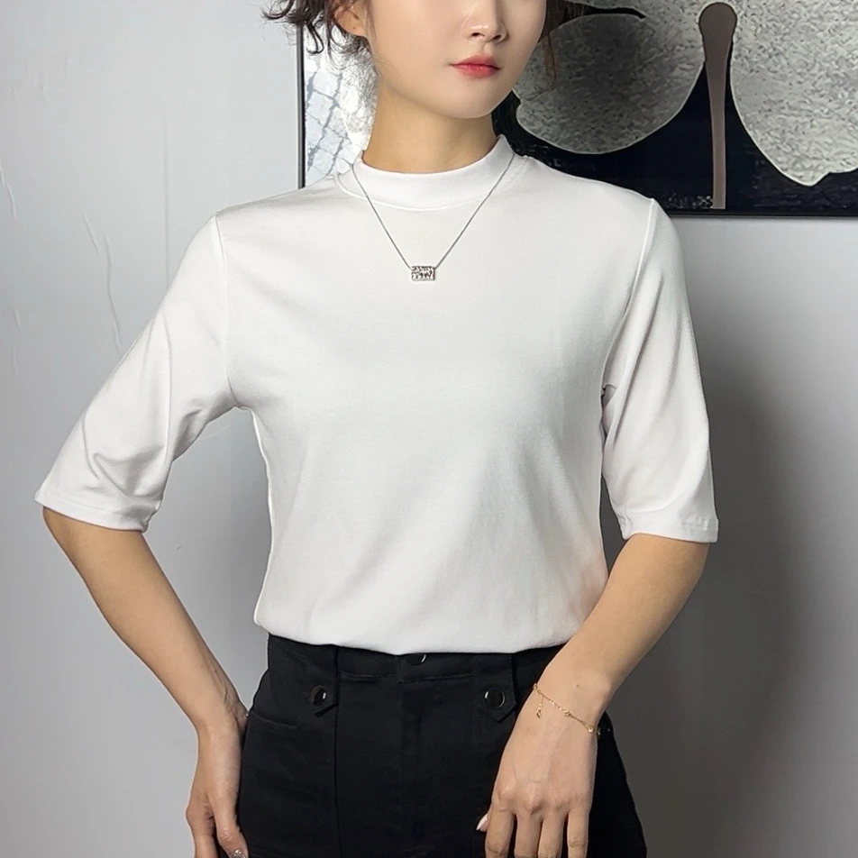 简约百搭气质五分袖打底衫女t恤内搭半高领春秋中袖针织中领上衣
