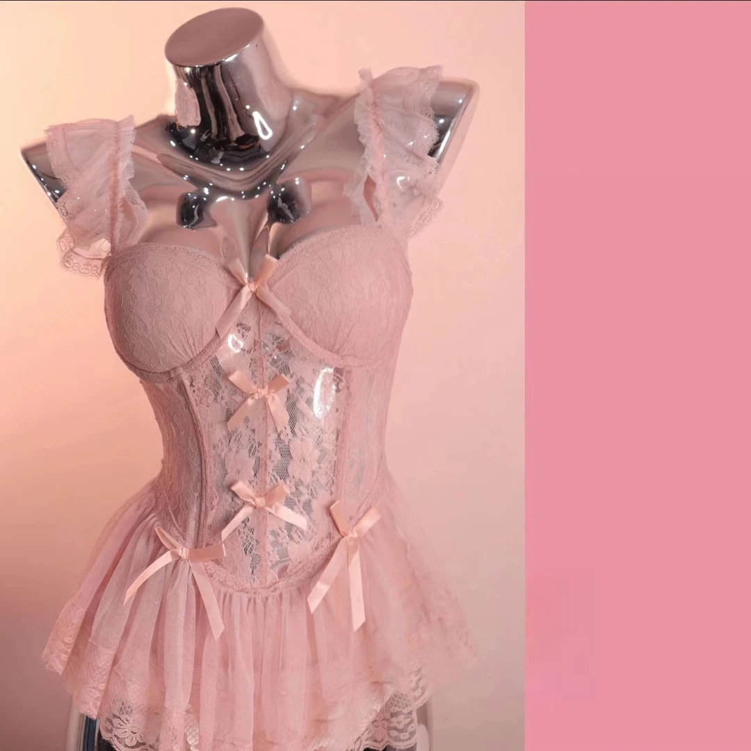 甜欲芭比【80-130斤】嫩粉色甜辣鱼骨蕾丝带胸垫吊带裙镂空显瘦日系