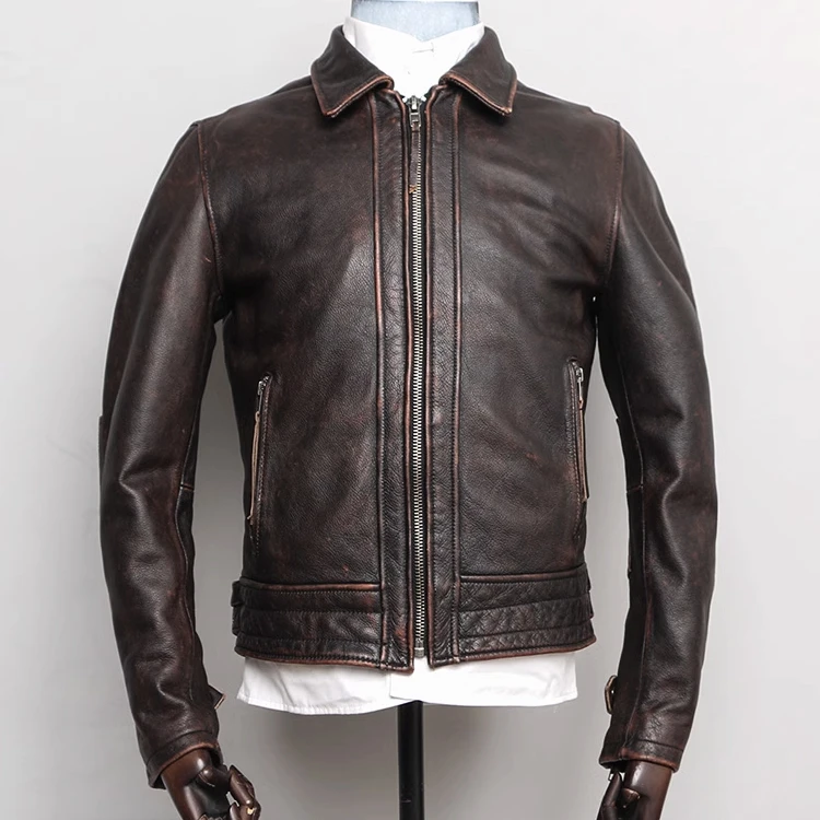 加州巡骑警皮夹克复古做旧头层厚软牛皮外套男款美式工装真皮皮衣