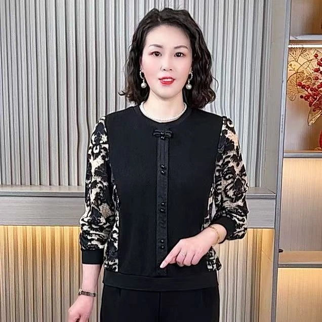 妈妈装春秋新款轻奢时尚法式气质上衣遮肚显瘦洋气大码中老年女装