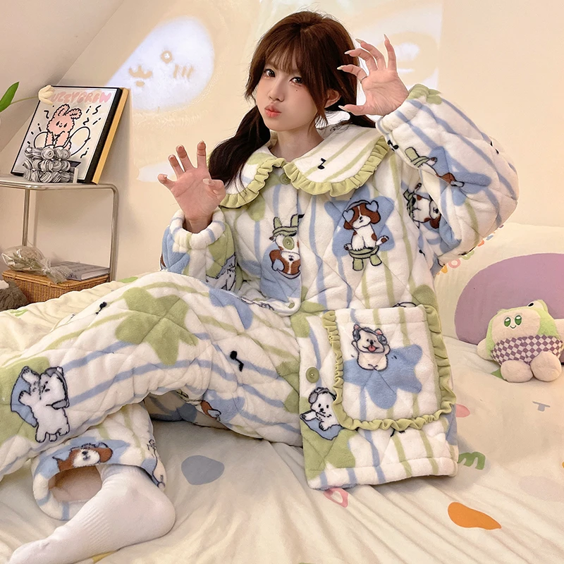 夹棉保暖家居服套装女冬季开衫睡衣套装女加绒两件套装三层夹棉