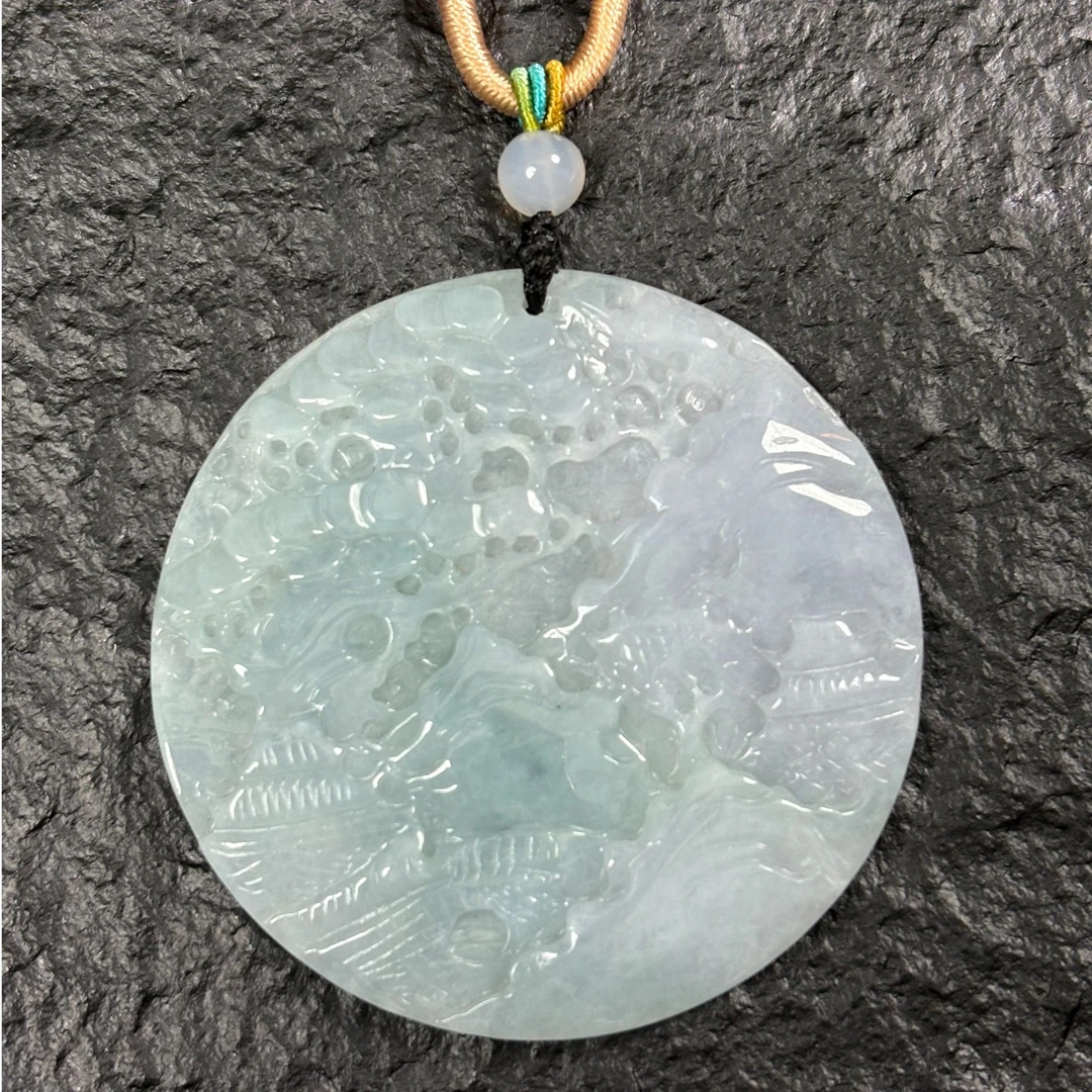 天然翡翠缅甸A货飘绿飘花立体精雕山水牌翡翠吊坠6151