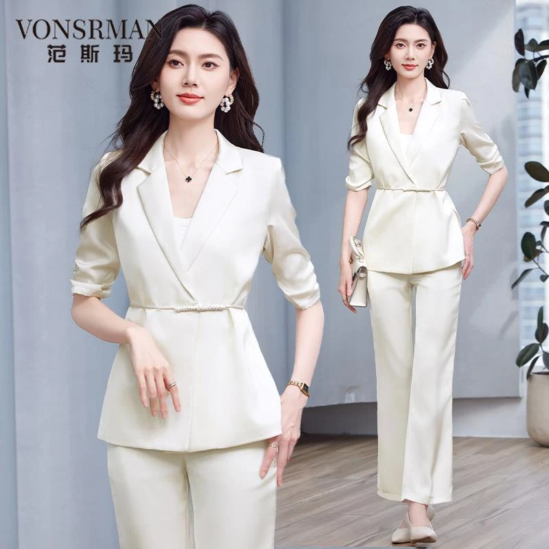 高级感醋酸缎面西装套装女2025新款夏季薄款气质新中式职业两件套