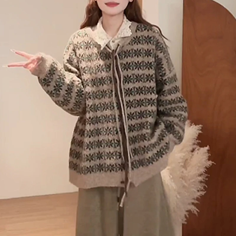 慵懒风条纹潮流设计感拼色拼接长袖针织上衣女2026冬季新款衣服