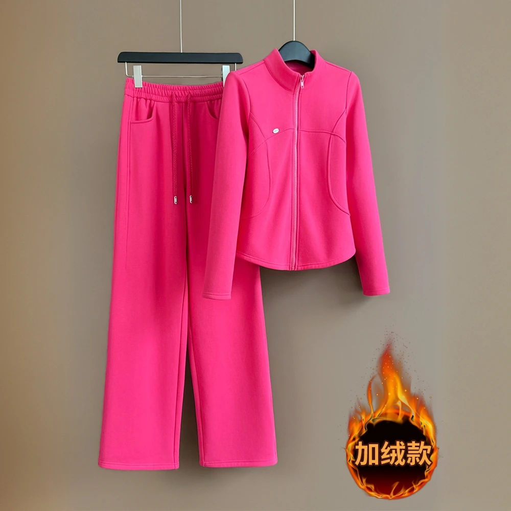 加绒玫红色休闲运动套装女2025冬季洋气炸街外套上衣阔腿裤两件套