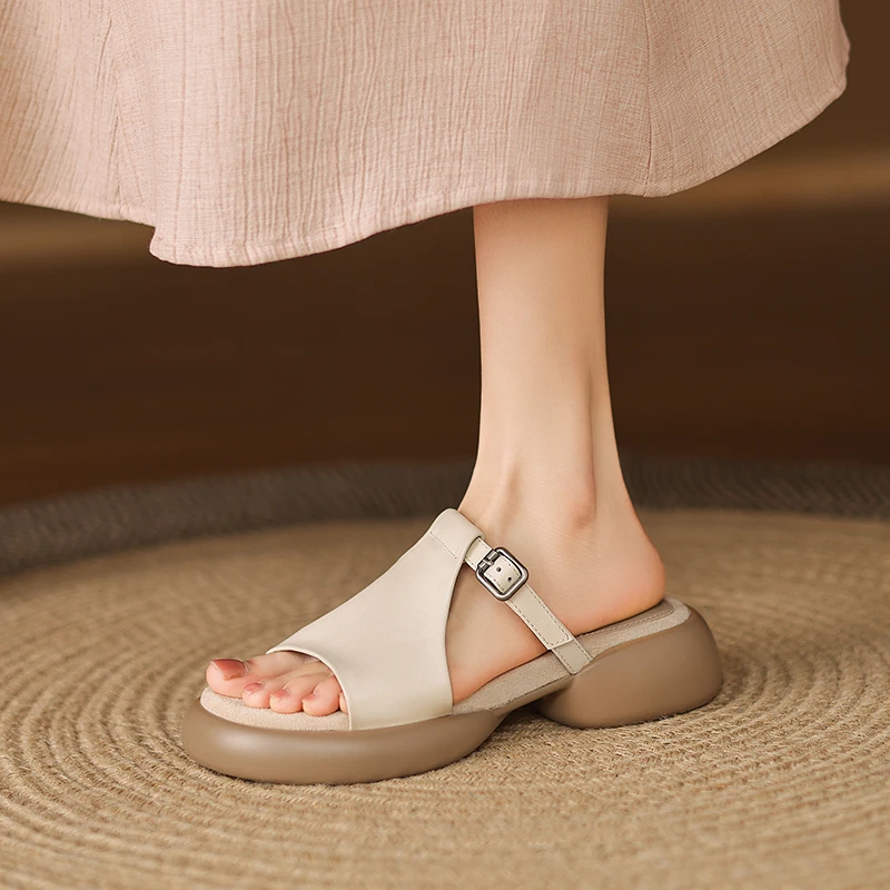 舒适厚底拖鞋女夏外穿配裙子鱼嘴罗马凉拖鞋百搭不累脚真皮一字拖