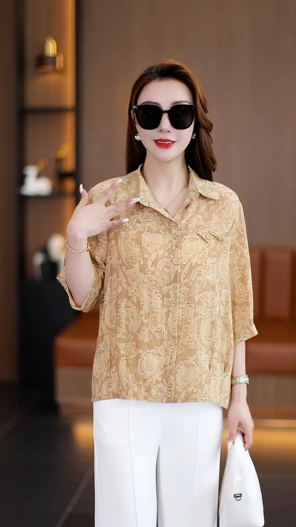 2025新款时尚妈妈装夏季女士开衫六分袖薄款衬衫休闲显瘦宽松上衣