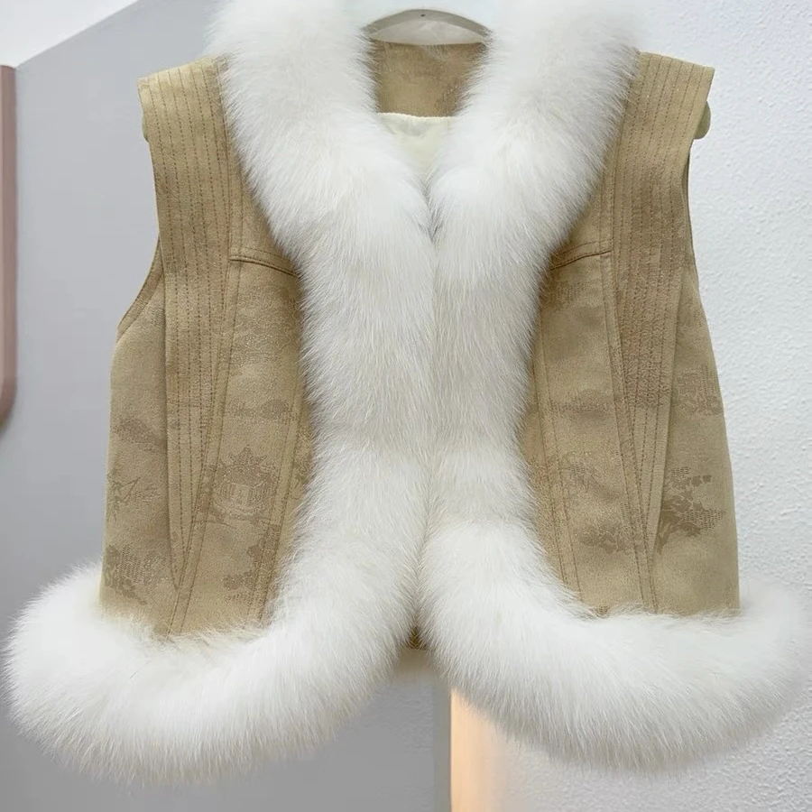 狐狸毛领麂皮绒马甲（不退换慎拍）