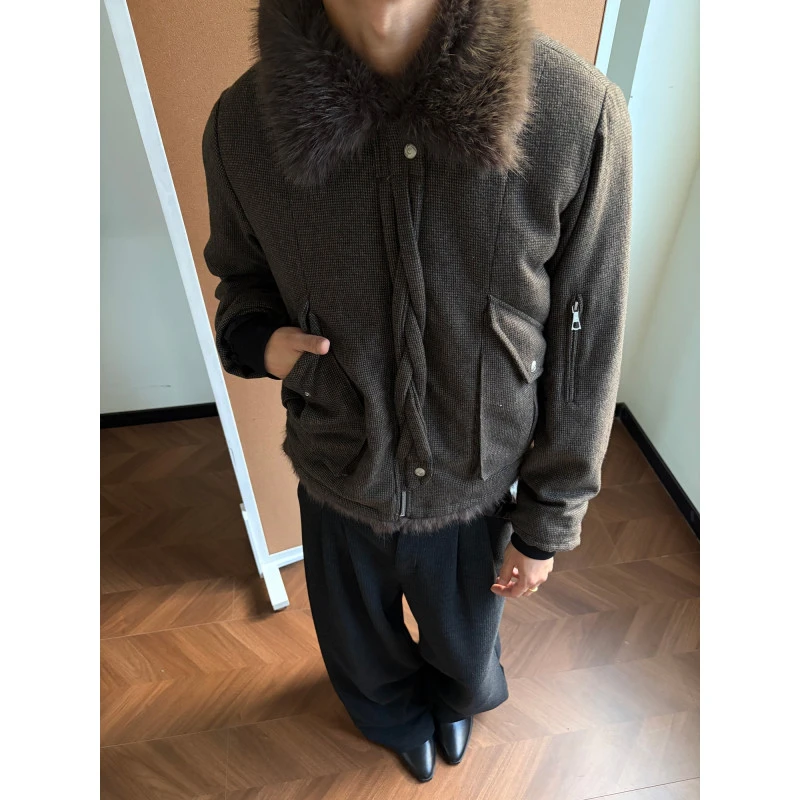 千鸟格绞花毛领座山雕棉服外套男冬季加厚翻领设计感短款夹克棉衣