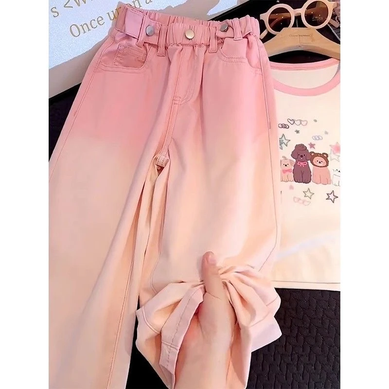 女童裤子春秋款2025新款洋气儿童渐变牛仔裤女孩大童洋气阔腿长裤