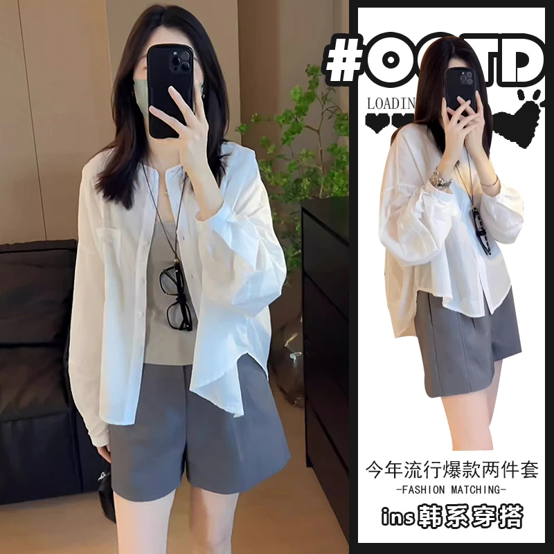 2025新款时尚气质纯色衬衫女高腰灰色显瘦短裤美式春秋季两件套潮