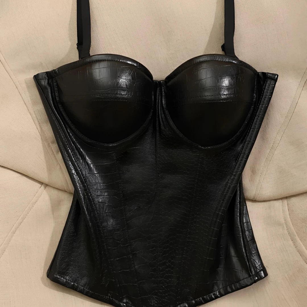 【鳄】鳄鱼纹PU皮吊带外穿聚拢托胸上衣跨境亚马逊女装辣妹鱼骨胸衣