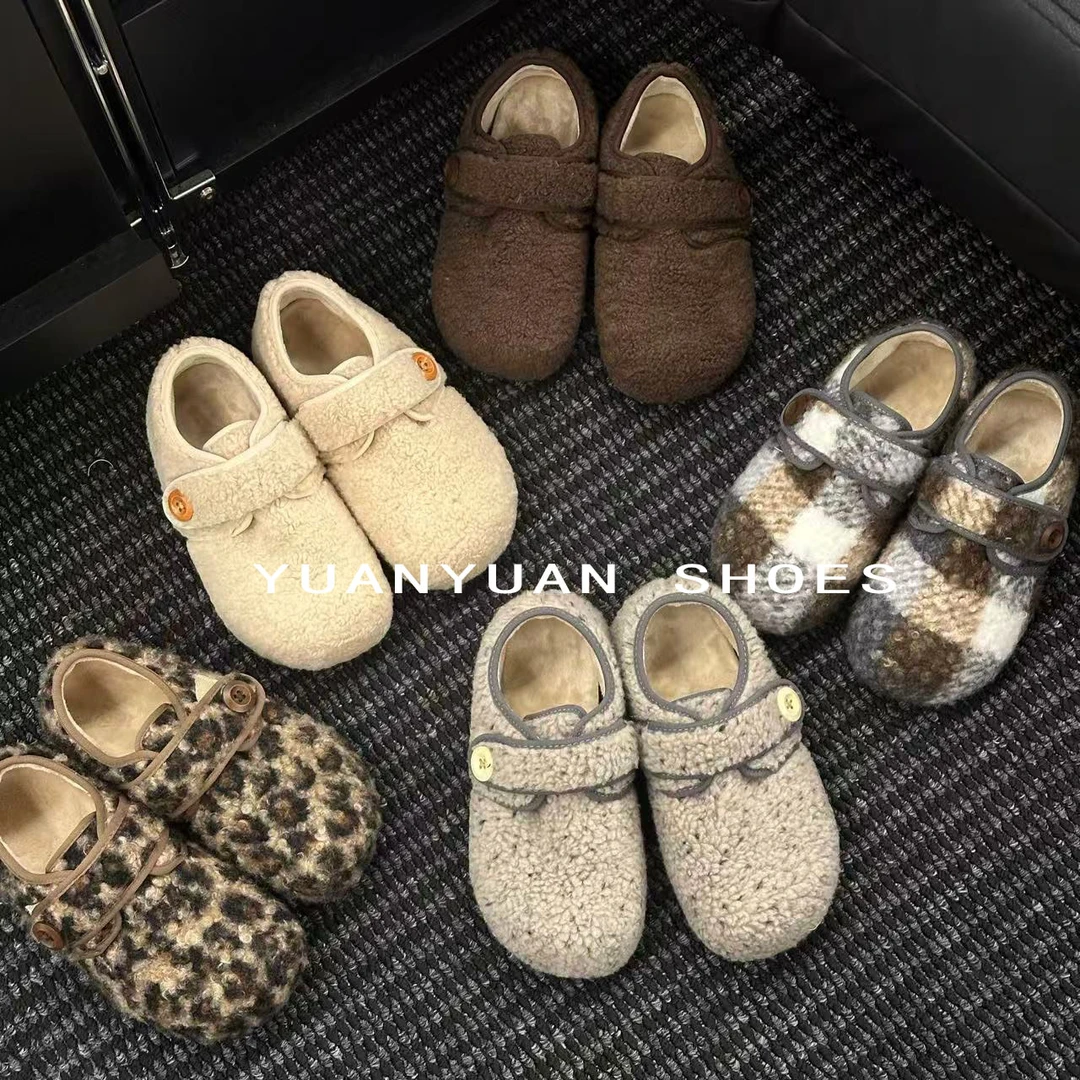 秋冬毛毛勃肯鞋厚底加绒韩版复古魔术贴豹纹勃肯格纹灰色勃肯鞋