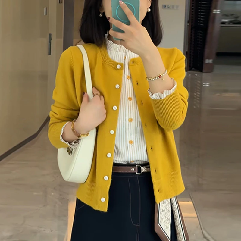 圆领拼色长袖针织开衫女士2025秋季新款时尚复古百搭小众减龄衣服