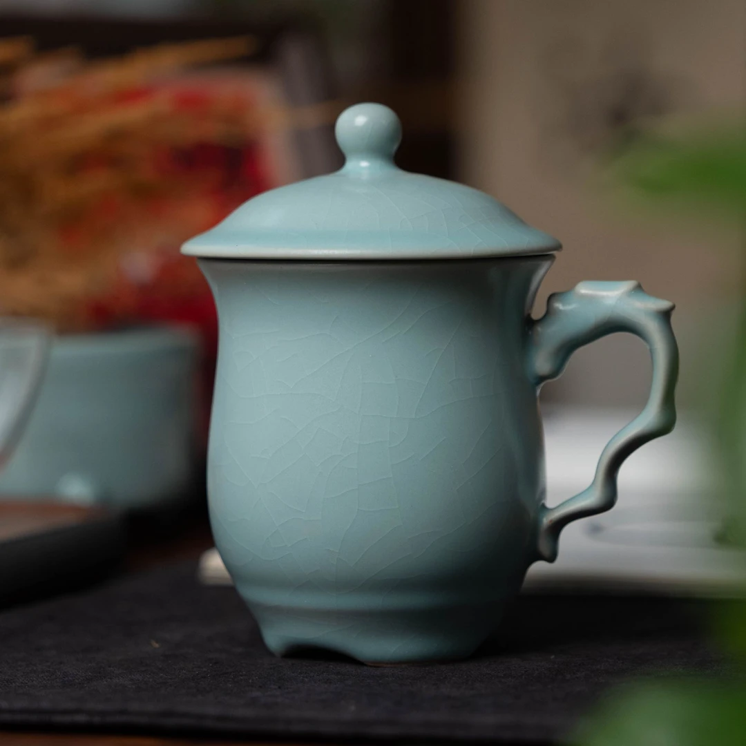 简匠汝窑当代原产地仿古釉开片可养龙头杯办公杯茶杯