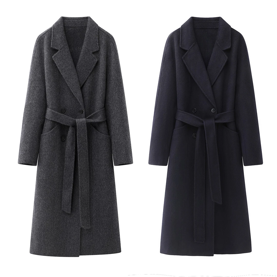 艾家新款呢大衣中长款翻领毛呢外套素希大衣长款秋冬黑色4021