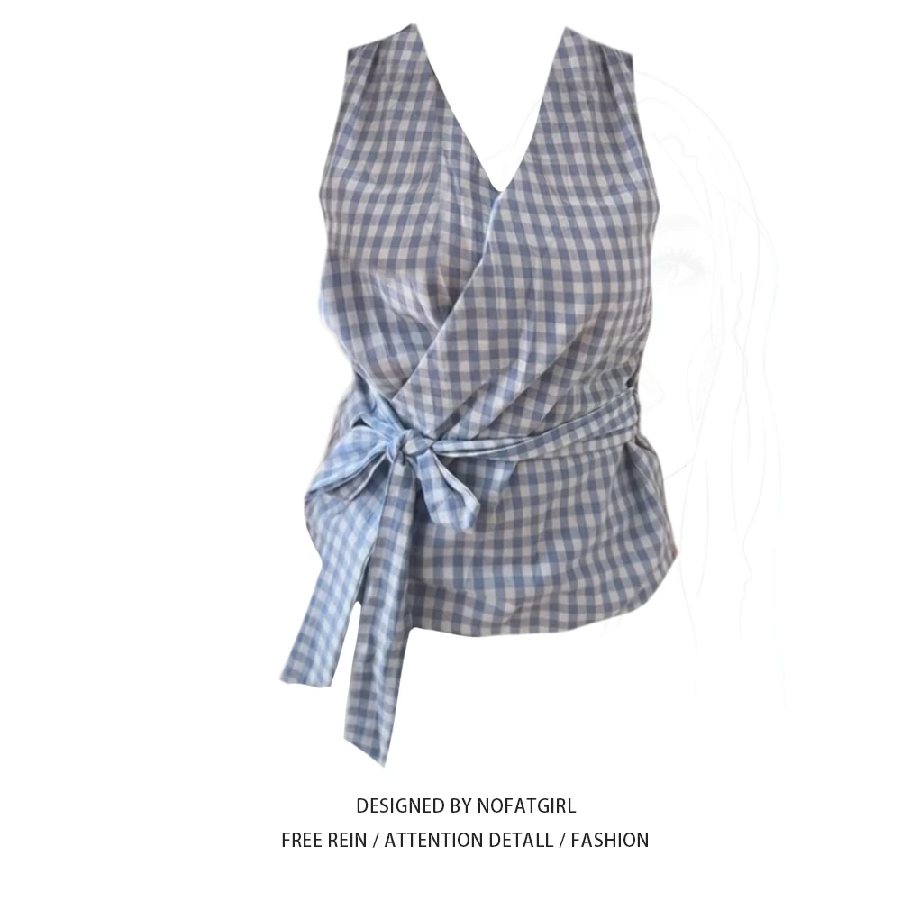 大码胖MM纯欲辣妹蓝色格子挂脖背心女夏季新款绑带设计感修身上衣