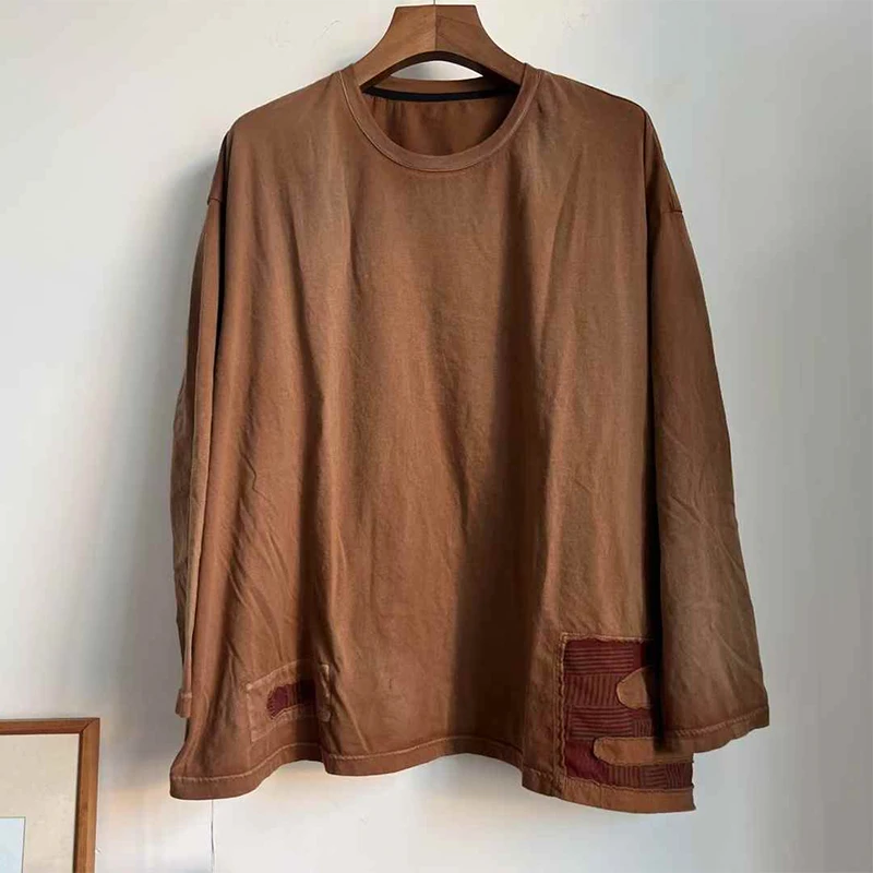 慢慢变蓝原创 荼小众植物染文艺T恤复古拼接圆领长袖纯棉打底百搭