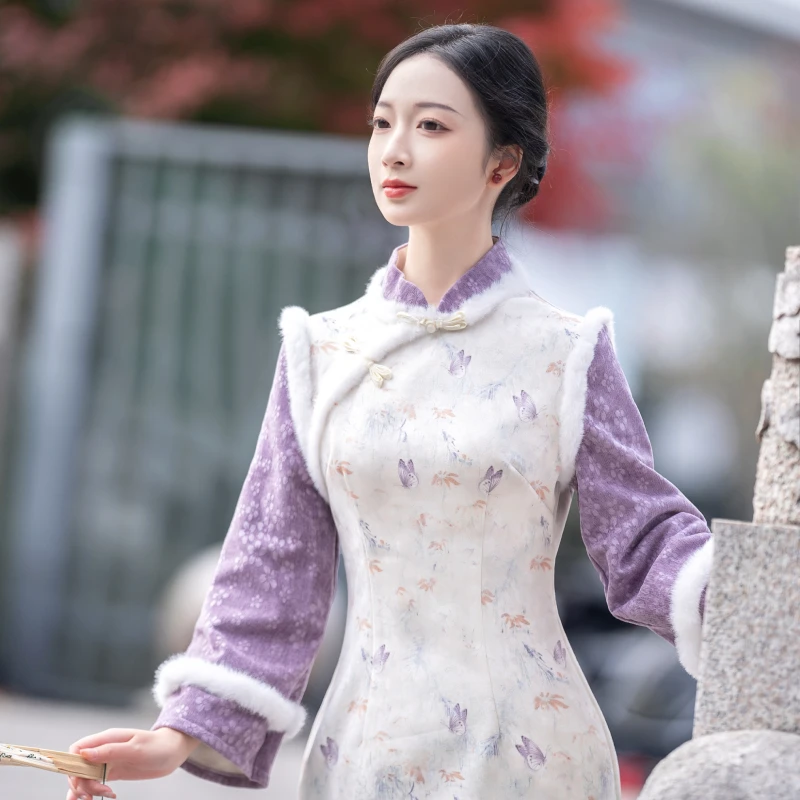 0120紫色蝴蝶拼接修身加绒毛领改良旗袍气质秋冬加厚气质百搭日常