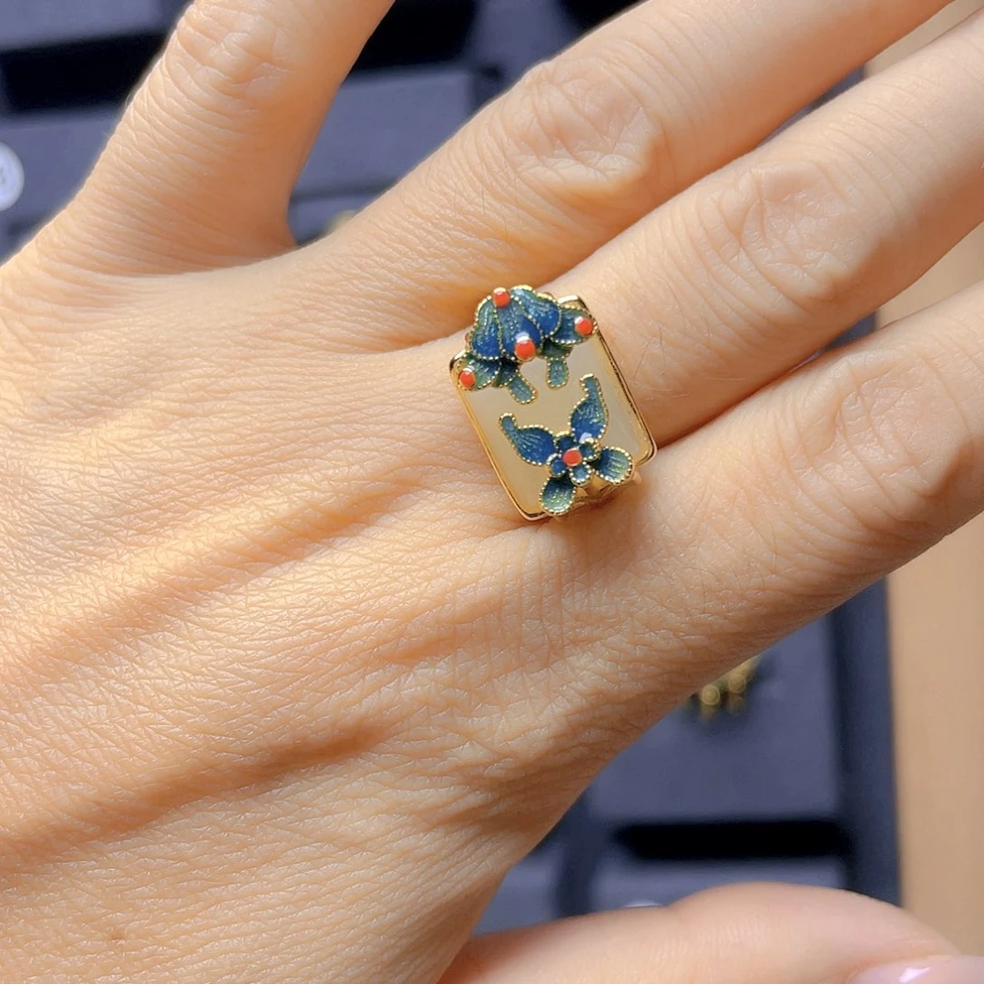 和田玉银S925镀金镶嵌戒指