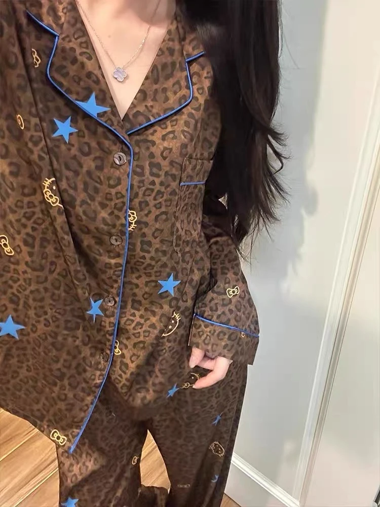 【茶芙巷】法式休闲风黑皮豹纹睡衣女春秋季亲肤宽松长裤套装【ZS】
