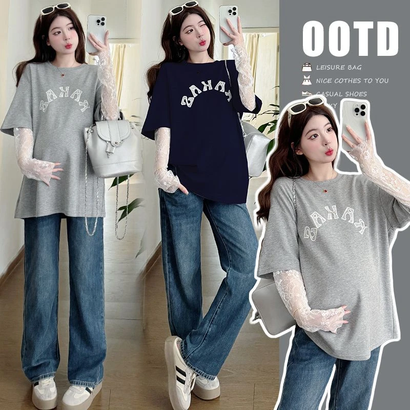 孕妇春夏季新款宽松休闲字母刺绣拼接蕾丝假两件百搭时尚韩版上衣