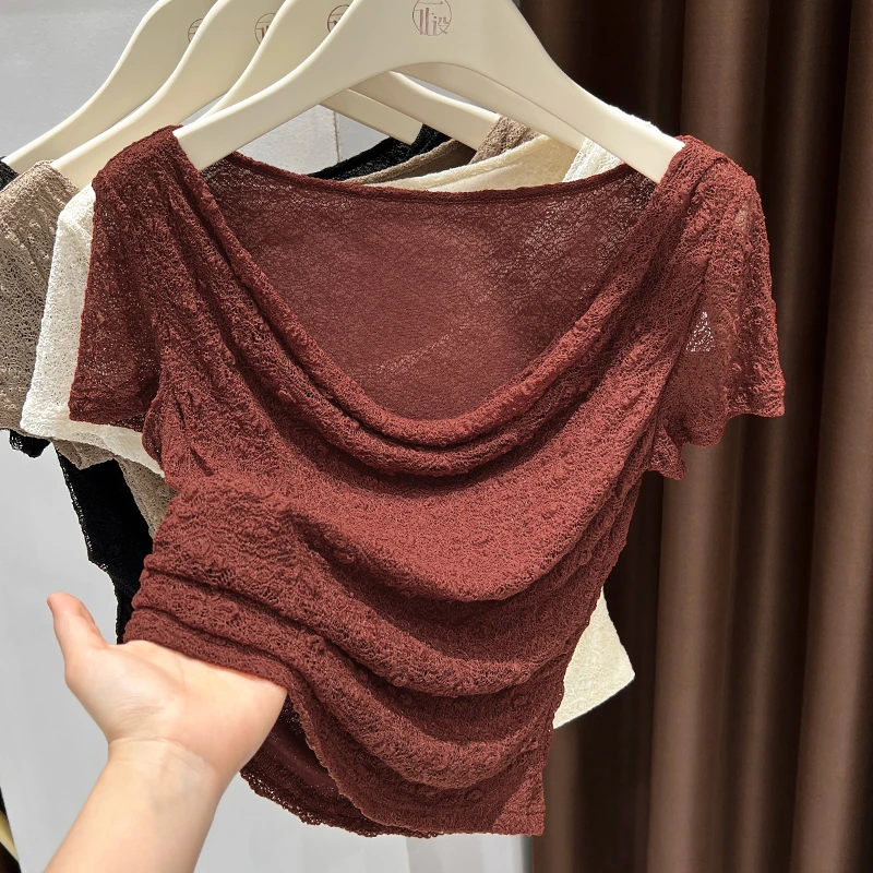 安可拉红肌理感短袖修身T恤上衣女夏季2025新款荡领设计感蕾丝衫