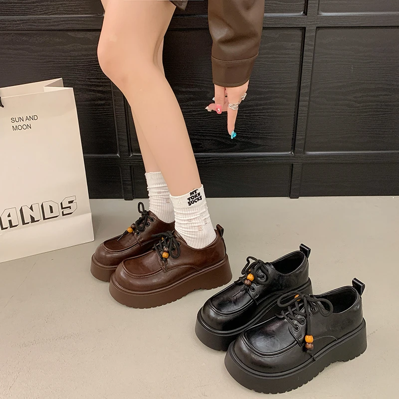 女鞋厚底系带小皮鞋女2025新款秋季气质小个子增高乐福鞋法式百搭
