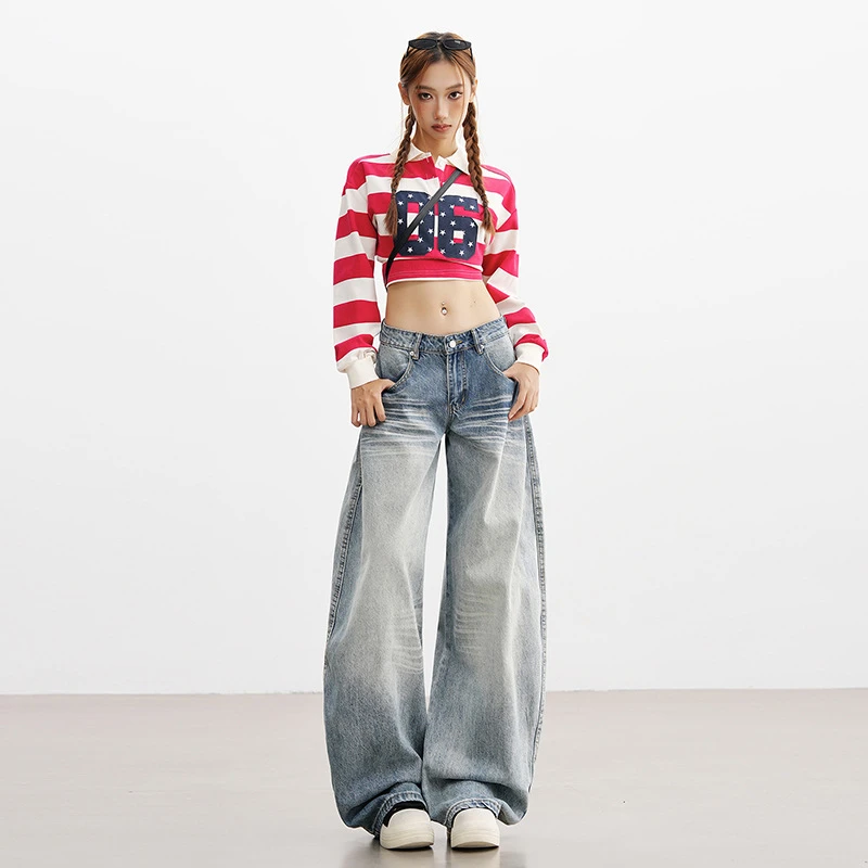 女刺绣牛仔裤裤子高腰窄版宽松直筒阔腿裤高街欧美显瘦印花