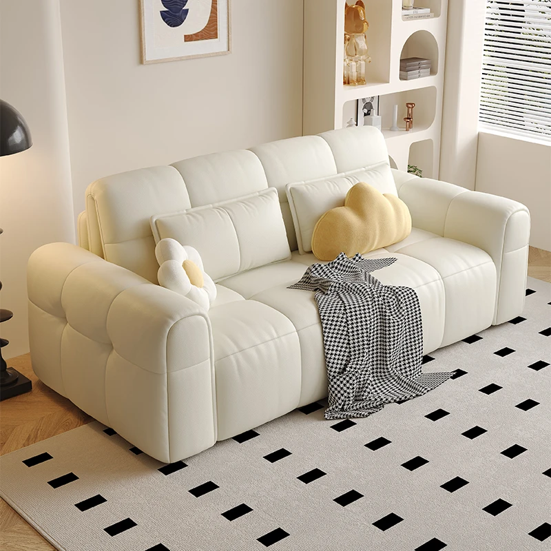 奶油风电动沙发床双人多功能小户型客厅可坐可躺折叠两用真皮沙发