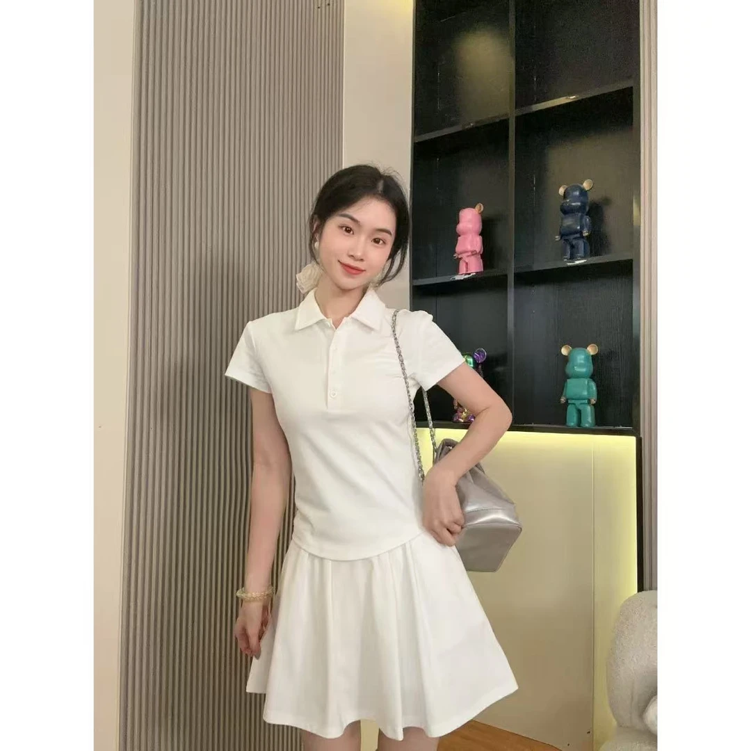 常规立体装饰短袖POLO领抽褶T恤女士套装百褶休闲