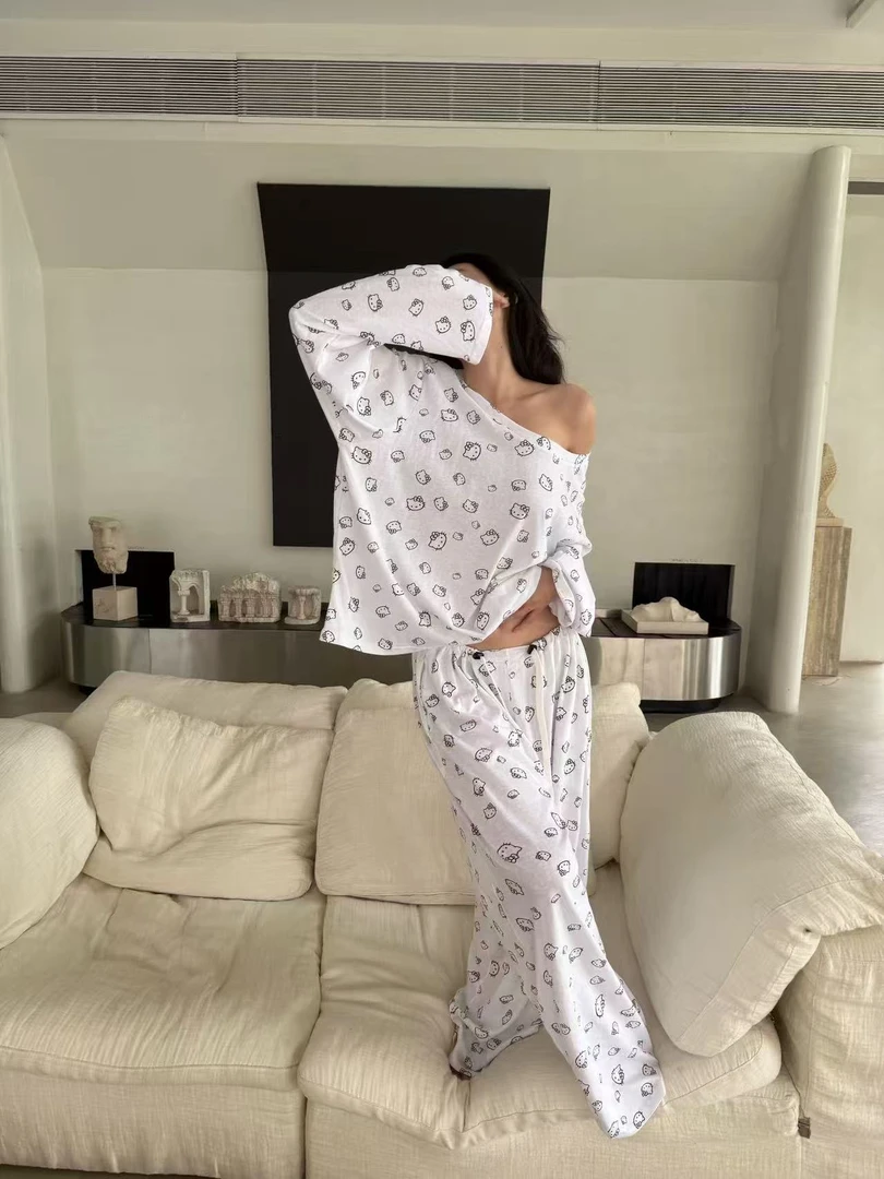 XYSF极简  满印kitty猫剪领上衣宽松长裤可外穿家居服套装