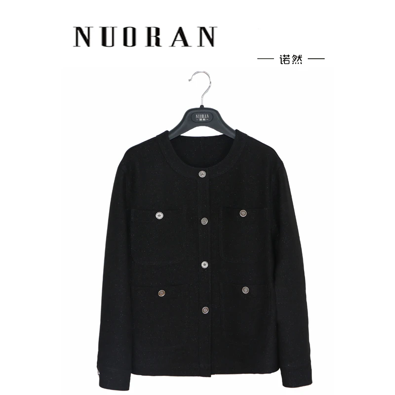 诺然[暗夜星空]黑色轻奢小香风外套时尚气质长袖夹克女圆领开衫