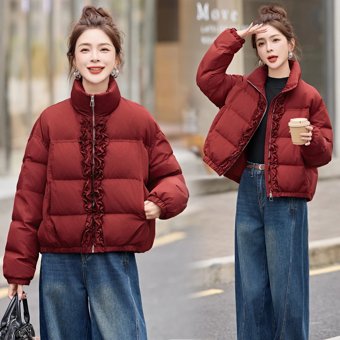 拉链短款立领拼接荷叶边韩版白鸭绒羽绒服红色2025秋冬新款时尚