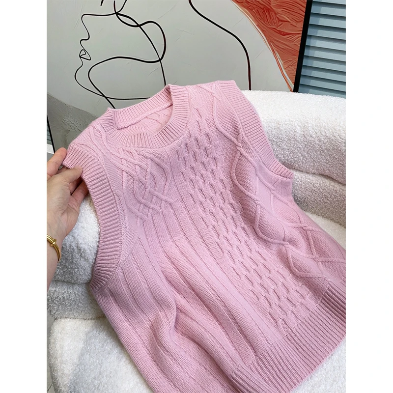 复古设计感纯色无袖针织马甲女叠穿慵懒风圆领小坎肩毛衣背心上衣