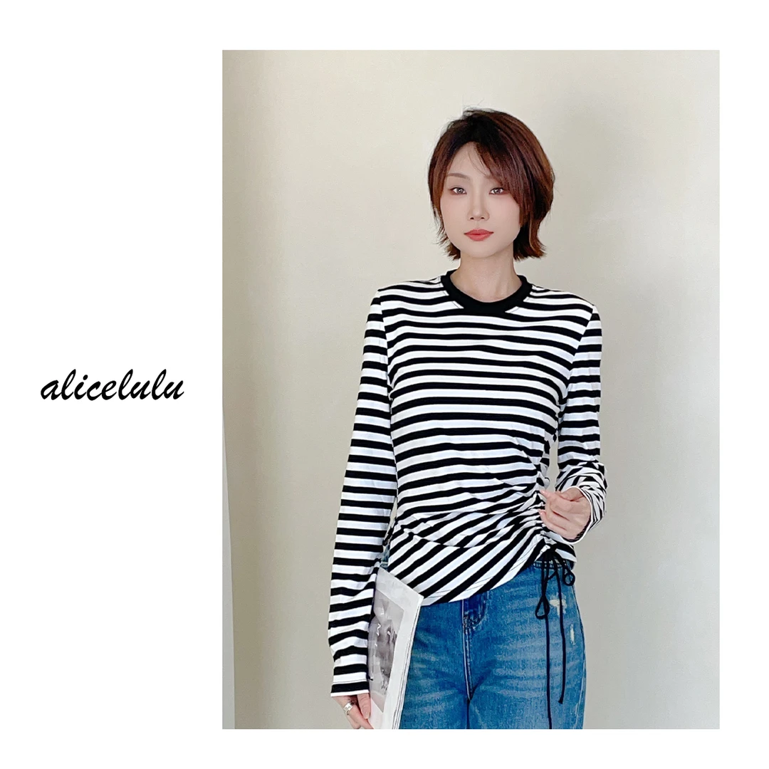 5 alicelulu 复古圆领设计感褶皱收腰气质条纹上衣衬衫 71046Y