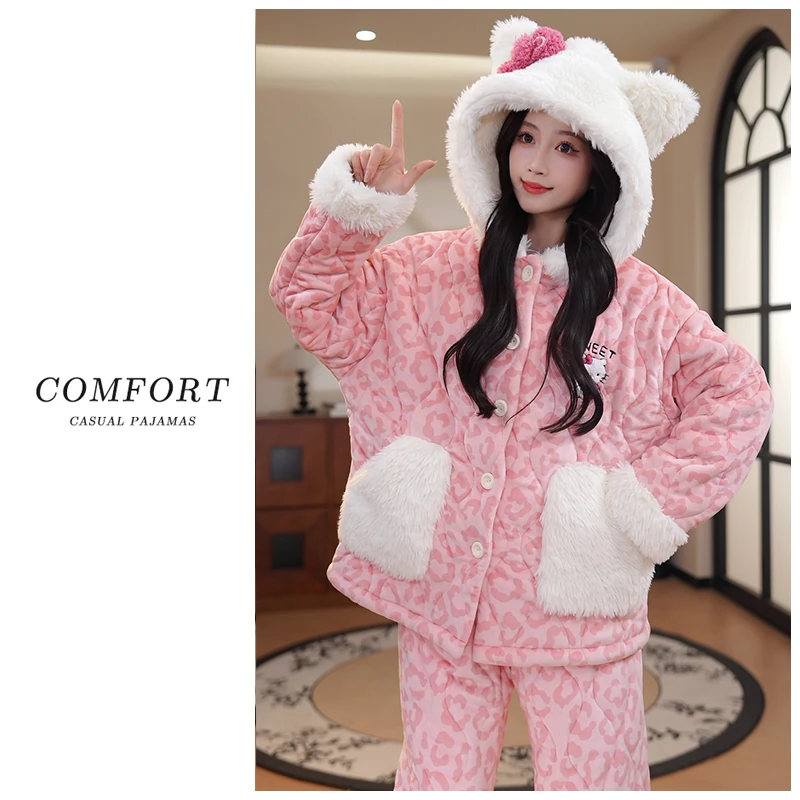 2025三层夹棉加绒加厚海岛绒豹纹KT保暖睡衣套装女可外穿家居服