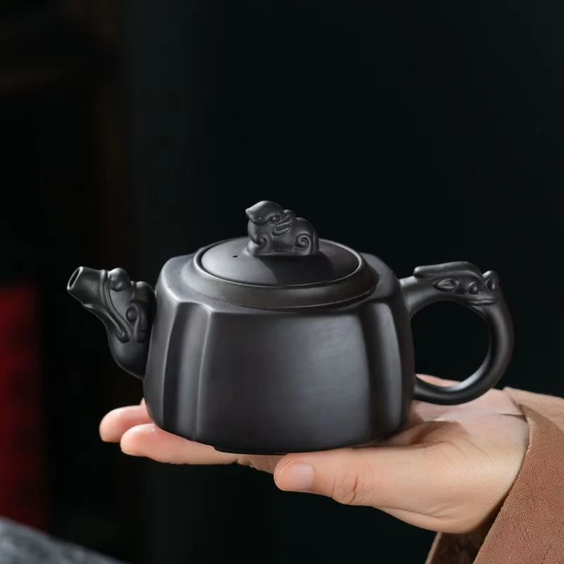 280ml家用中式四方泡茶壶原矿紫砂龙把茶壶半手工貔貅壶功夫茶具