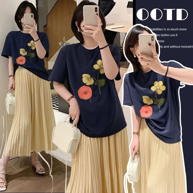 时髦孕妇装新款女夏季新款潮款休闲百搭上衣宽松舒适半身裙两件套