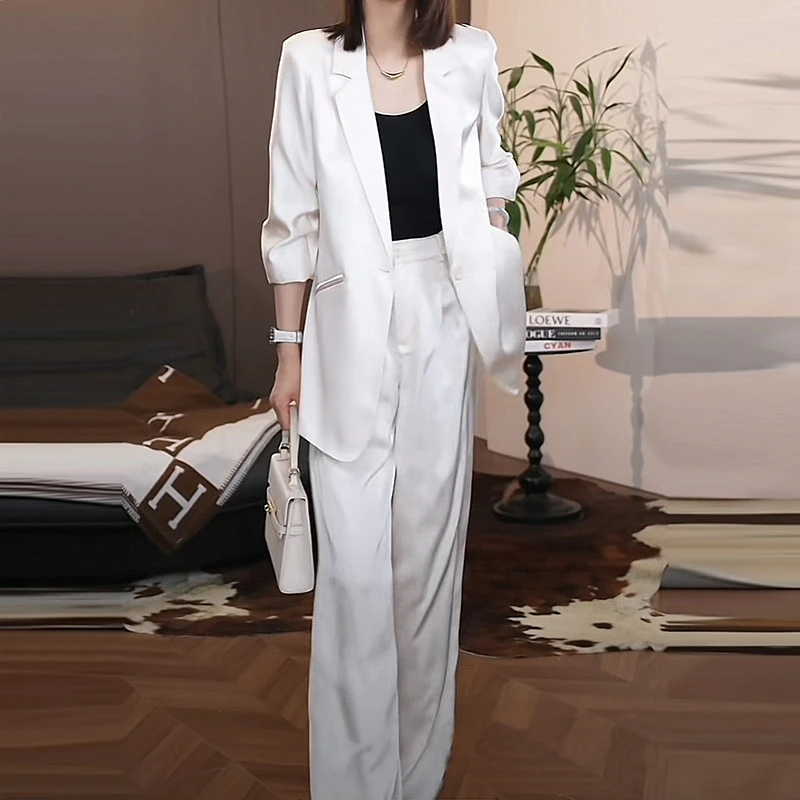 大码夏季新款时尚御姐感白色西服阔腿裤套装胖mm宽松显瘦两件套女