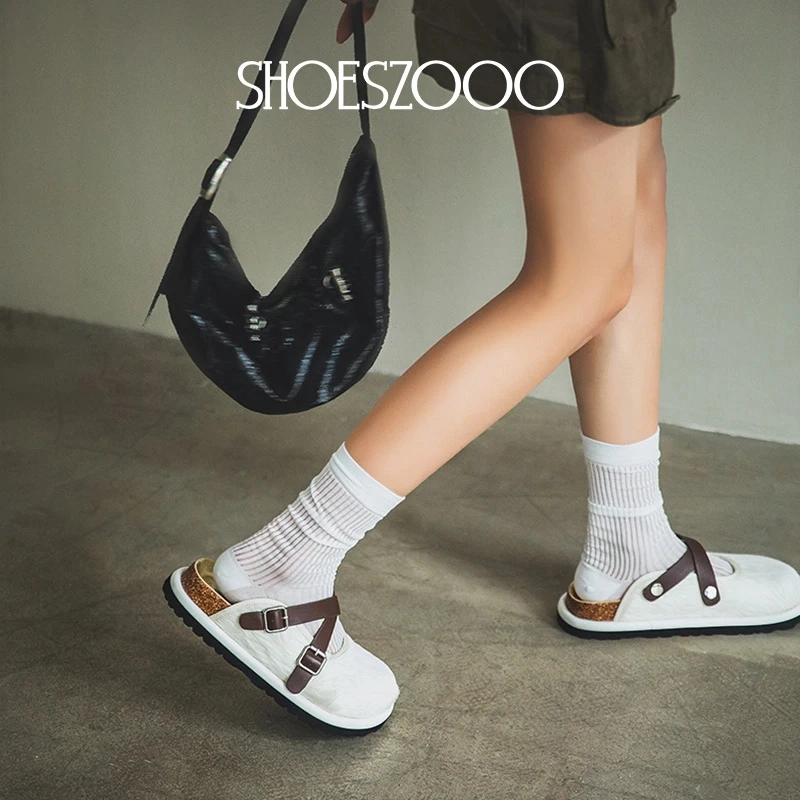 SHOESZOOO 2025原创新款大圆头真皮交叉带马毛勃肯拖鞋