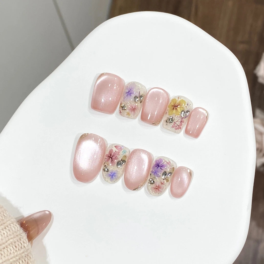 感穿戴甲穿戴甲纯手工片 花朵颜色随机 纯欲显白轻奢干花猫眼美甲